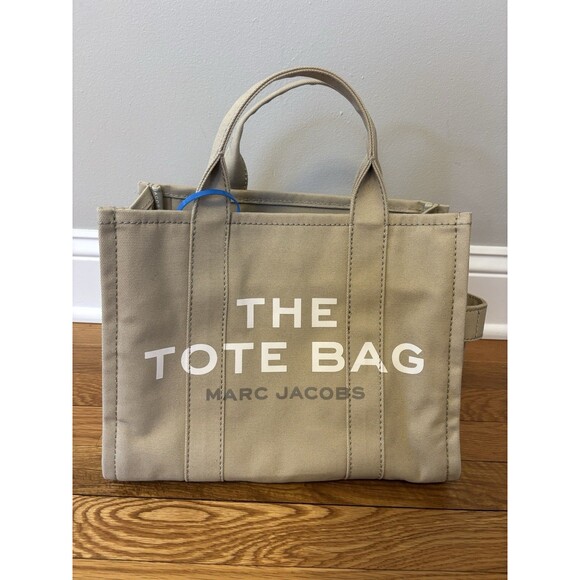 Marc Jacobs The Canvas Medium Tote Bag Beige White Logo Crossbody Strap